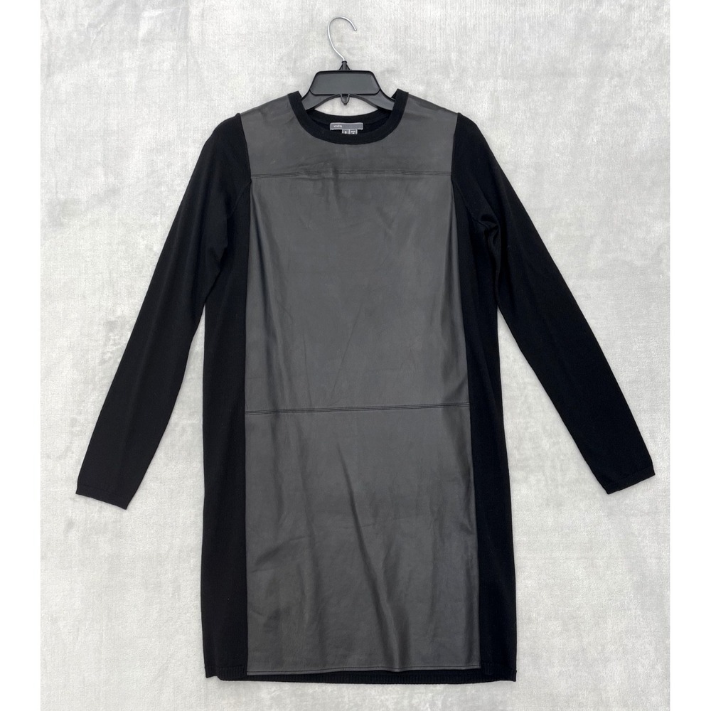Vince Dress Women's Small Black Lamb Leather Front Panel Wool Knit Long Sleeve